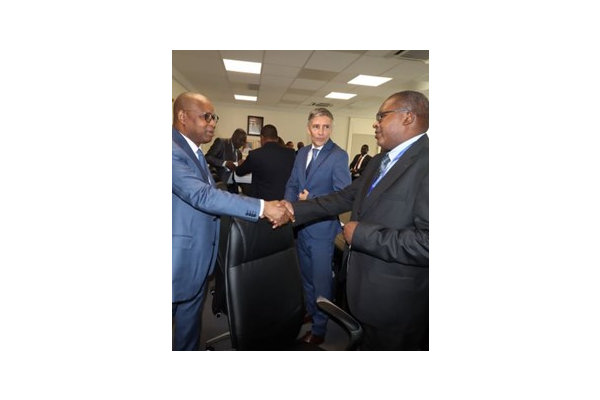 The Malagasy delegation received by the Minister of Employment and Social Protection, Adama Kamara, greeting Fréderik Muia, Director of the ILO-Antananarivo Country Office.